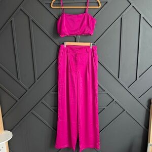 Women’s Wide-Leg Satin Pant set with crop top in Fuchsia